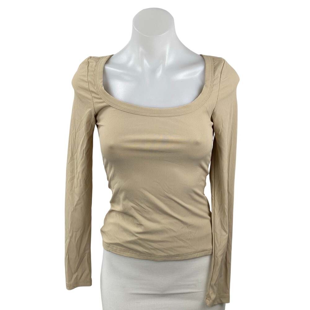 Princess Polly Women's Beige Ribbed Square Neck Long Sleeve Slim T-Shirt Top 4